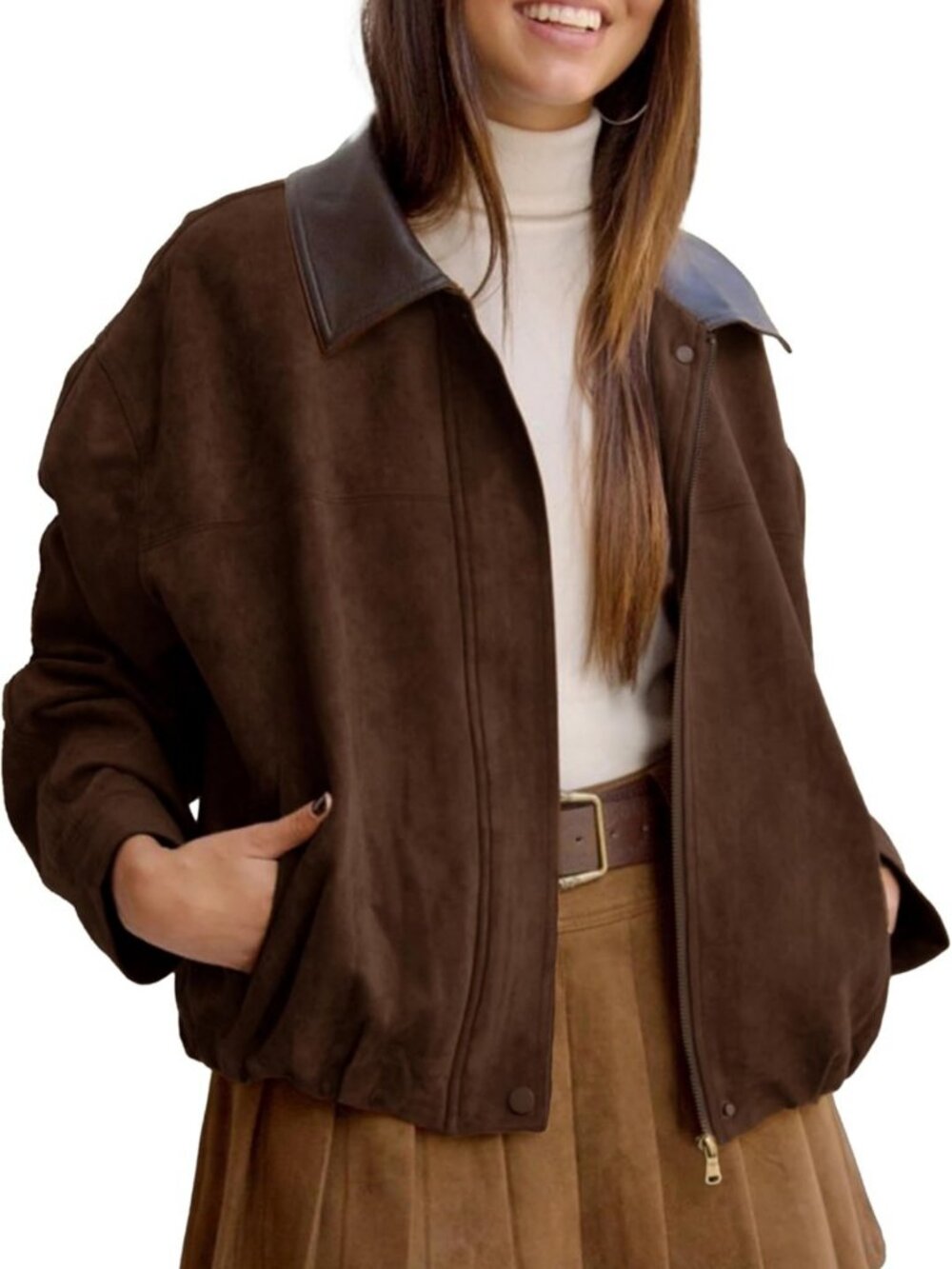 Chic Women's Faux Suede Bomber Jacket - Casual Oversized Zip-Up Outerwear